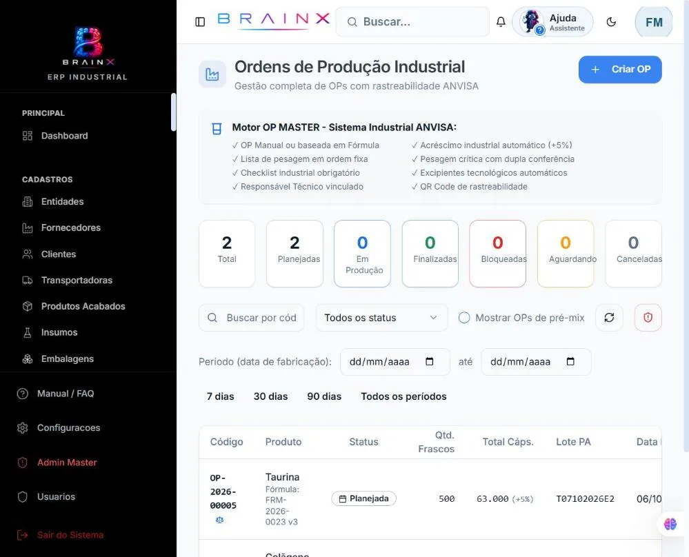 Tela de ordens de produção do BrainX